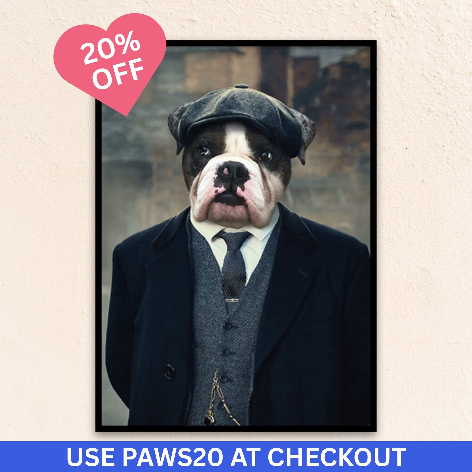 Custom renaissance dog portrait titled The Gangster, featuring a dog in confident pose, wrapped in a tailored coat and cap, blending charm with streetwise flair.