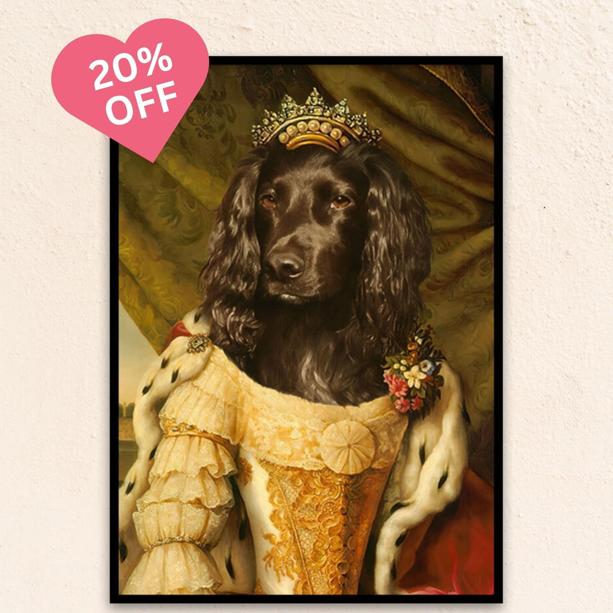 Custom medieval pet portrait of The Gilded Queen, adorned in a golden gown and crown, radiating warmth, grace, and noble strength.