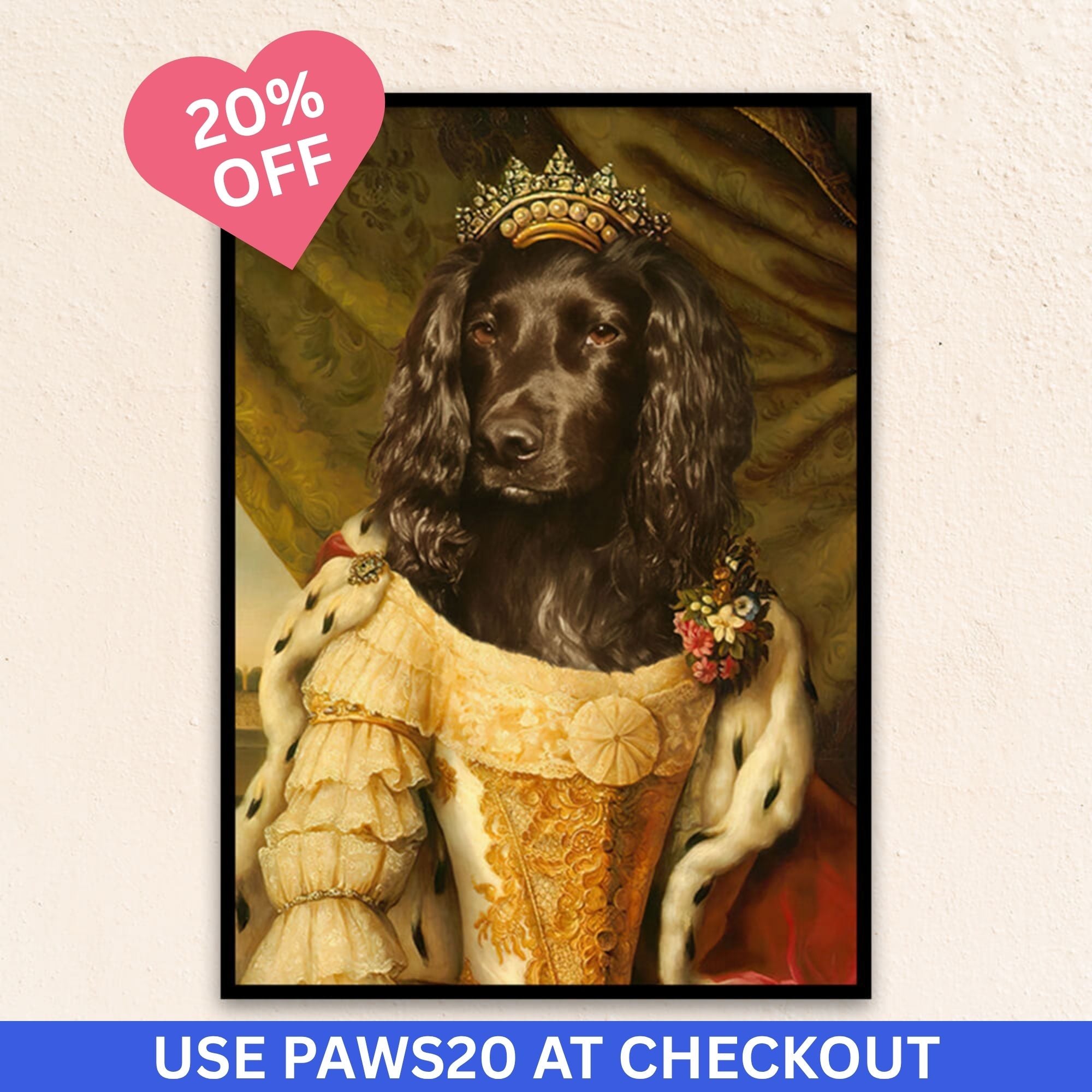 Custom regal dog portrait of The Gilded Queen, adorned in a golden gown and crown, radiating warmth, grace, and noble strength.