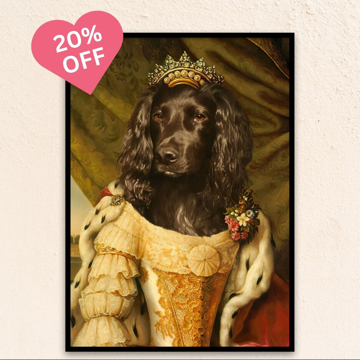Custom regal pet portrait of The Gilded Queen, adorned in a golden gown and crown, radiating warmth, grace, and noble strength.