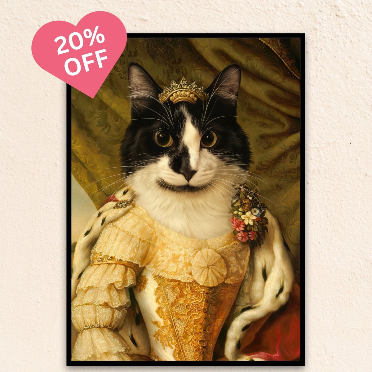 Custom renaissance cat portrait of The Gilded Queen, adorned in a golden gown and crown, radiating warmth, grace, and noble strength.