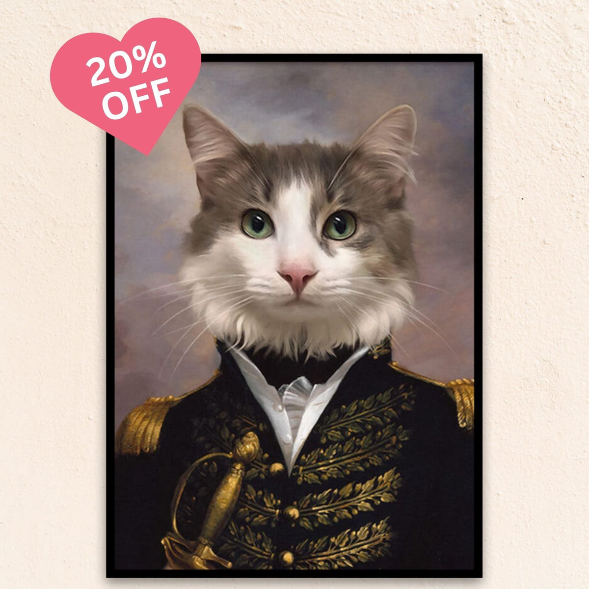 Custom regal pet portrait of a military pet as The Lieutenant, dressed in a formal coat with brass buttons, portraying loyalty and leadership.