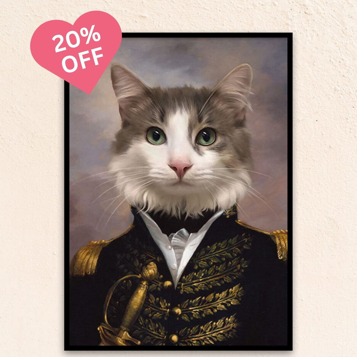 Custom renaissance cat portrait of a military cat as The Lieutenant, dressed in a formal coat with brass buttons, portraying loyalty and leadership.