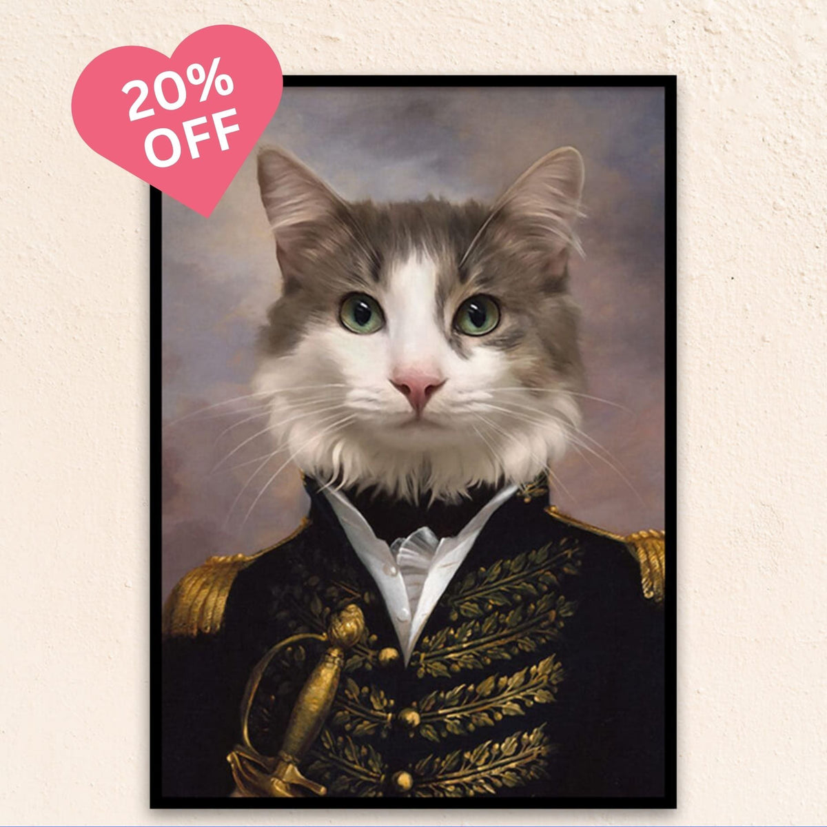 Custom renaissance pet portrait of a military pet as The Lieutenant, dressed in a formal coat with brass buttons, portraying loyalty and leadership.