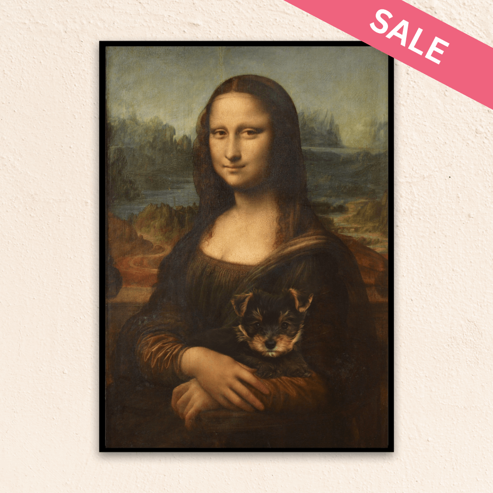 Leoncardo Da Vinci's Mona Lisa is holding a Yorkie puppy.