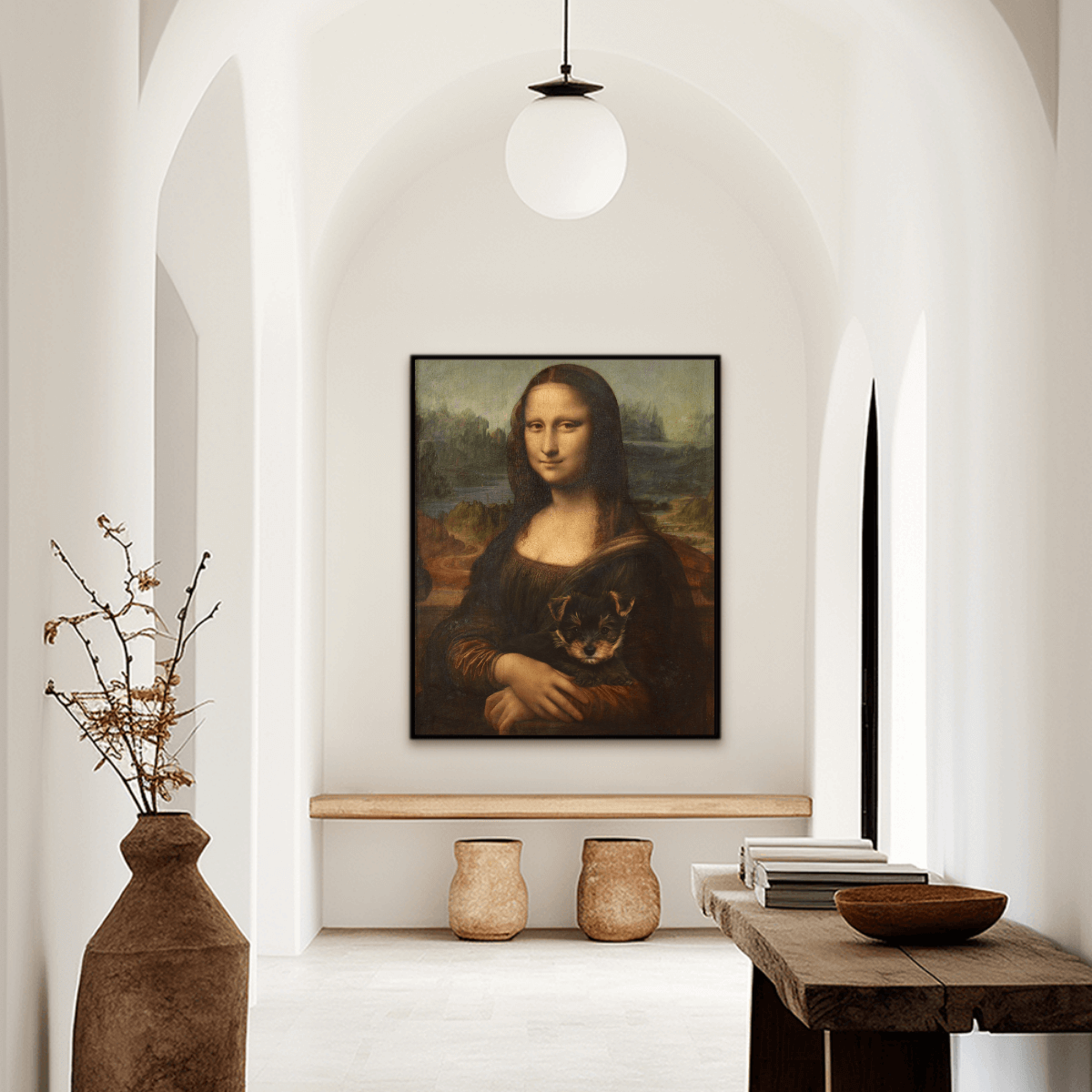 Leoncardo Da Vinci's Mona Lisa is holding a Yorkie puppy painting is displayed in rustic hallway. 