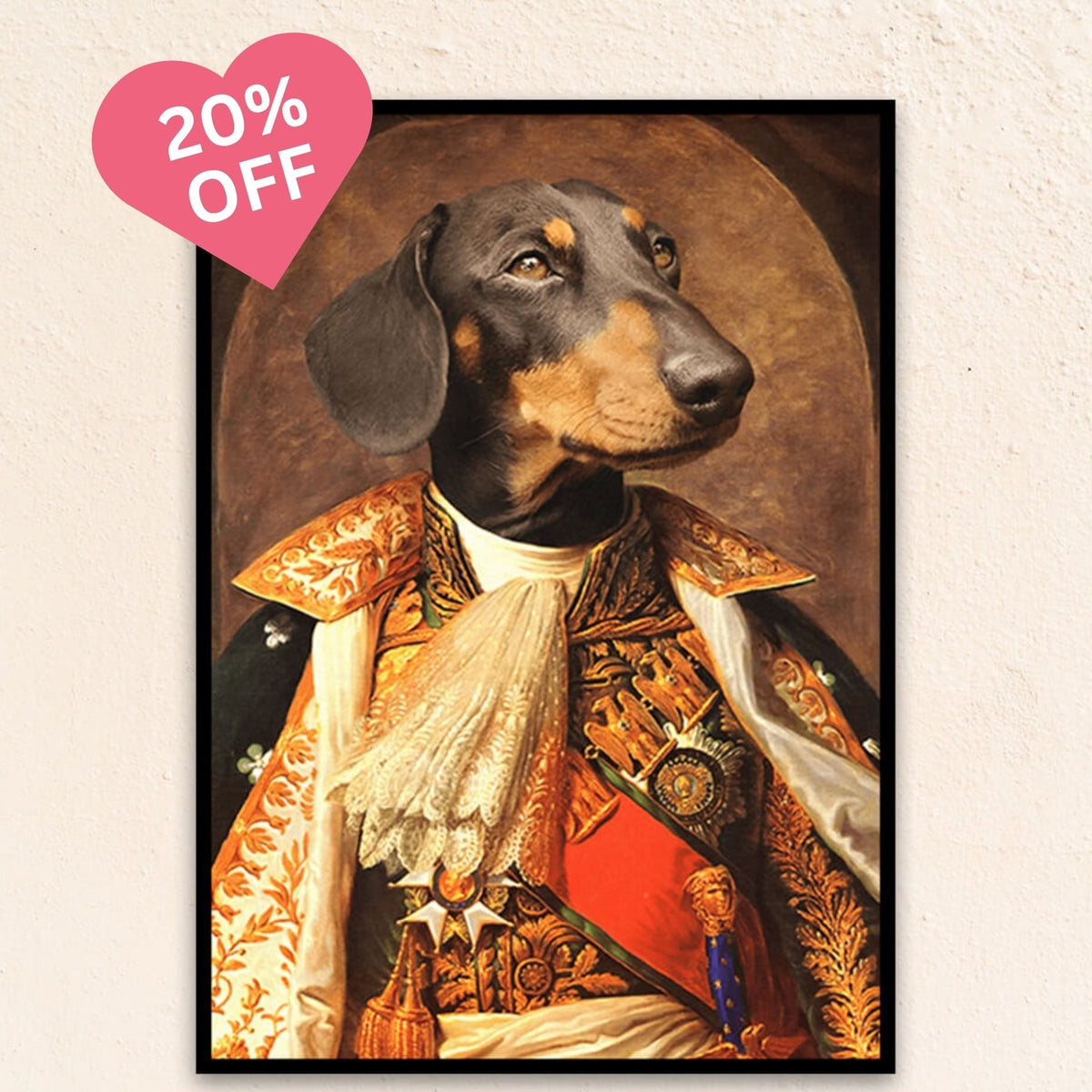Custom regal dog portrait of a dog in The Napoleon figure, showcasing a commanding pose in a decorated military coat, embodying courage and strategy.