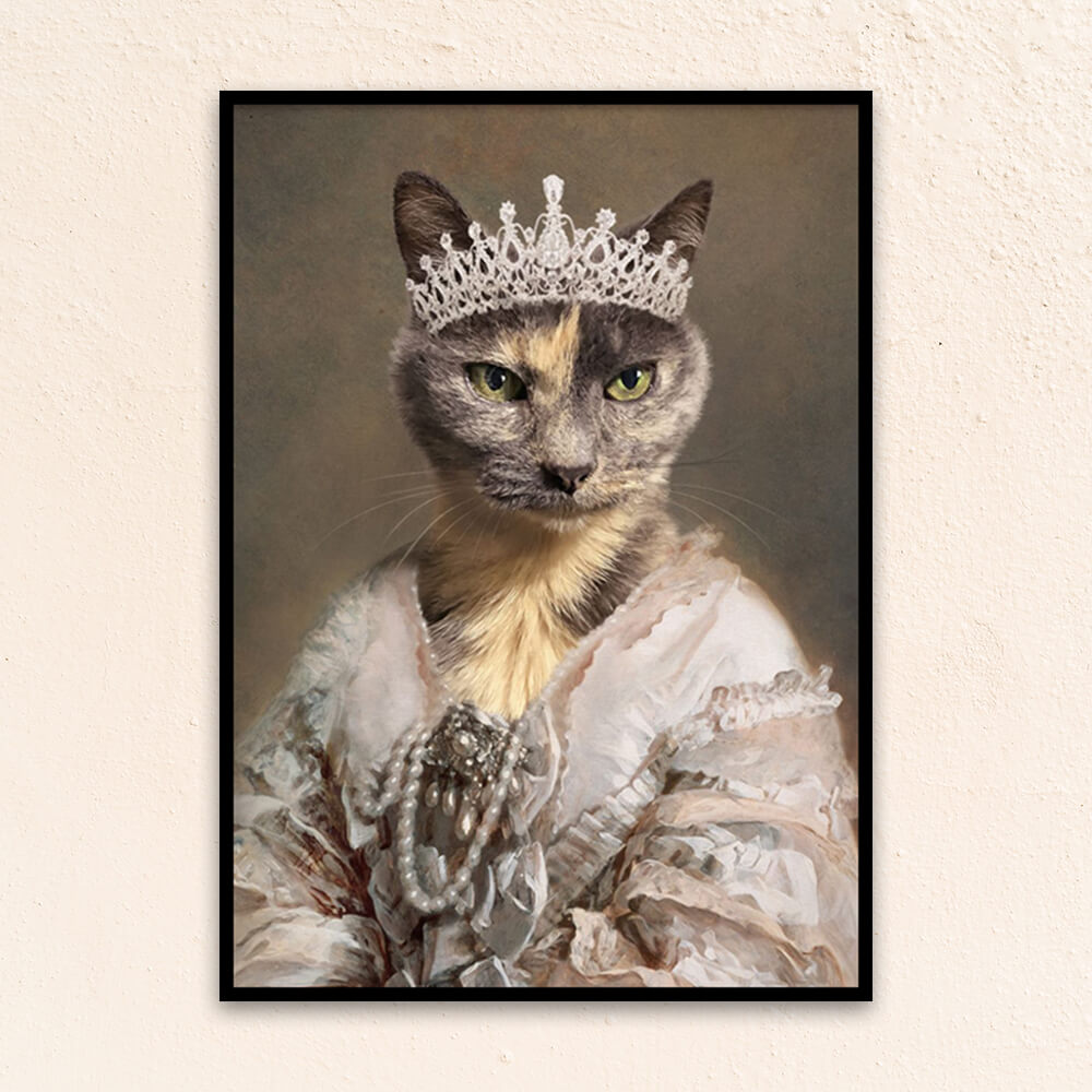 Custom royal pet portrait wall art. Torte grey and orange cat wearing diamond crown and regal dress with pearls.