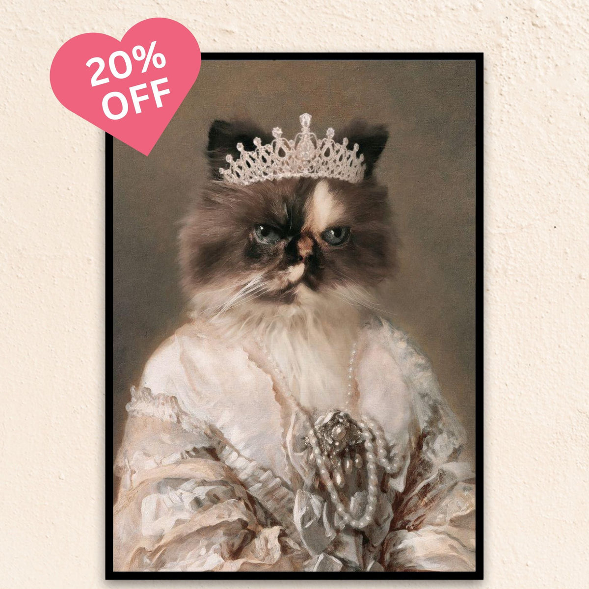 Custom medieval cat portrait of The Queen, featuring a majestic cat in a coronation-style gown with pearl necklace and diamond crown, exuding timeless grace.