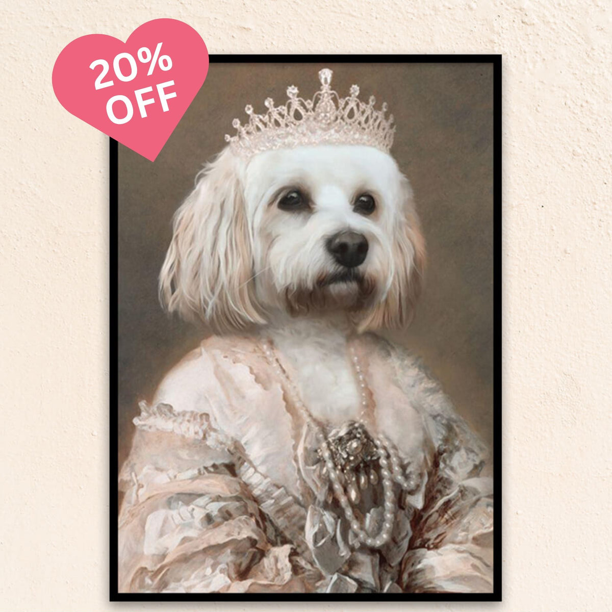 Custom regal dog portrait of The Queen, featuring a majestic dog in a coronation-style gown with pearl necklace and diamond crown, exuding timeless grace.