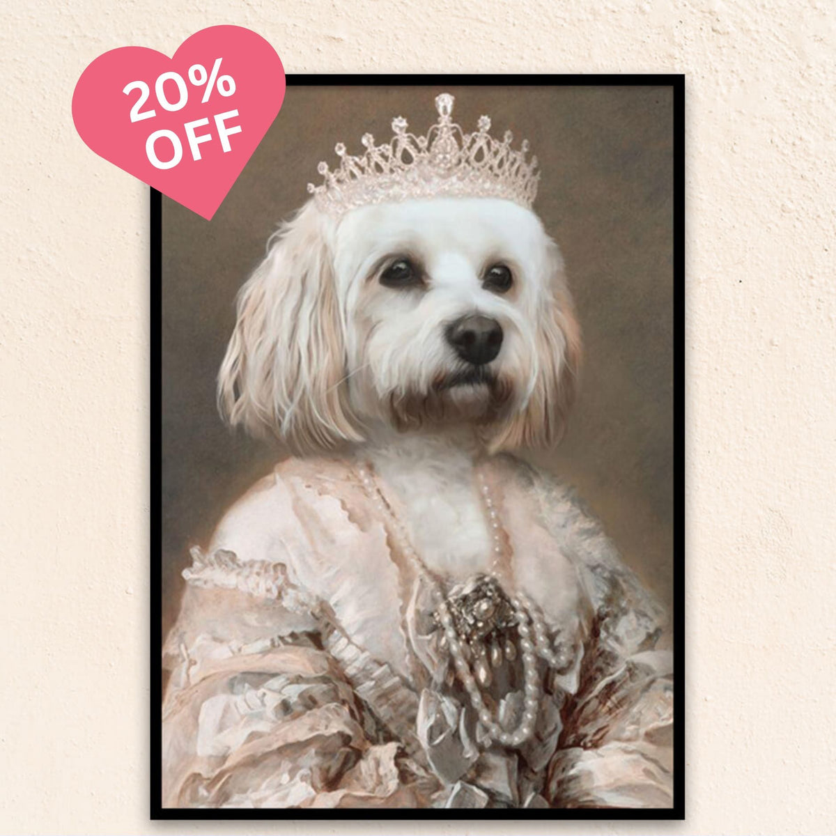 Custom regal pet portrait of The Queen, featuring a majestic pet in a coronation-style gown with pearl necklace and diamond crown, exuding timeless grace.