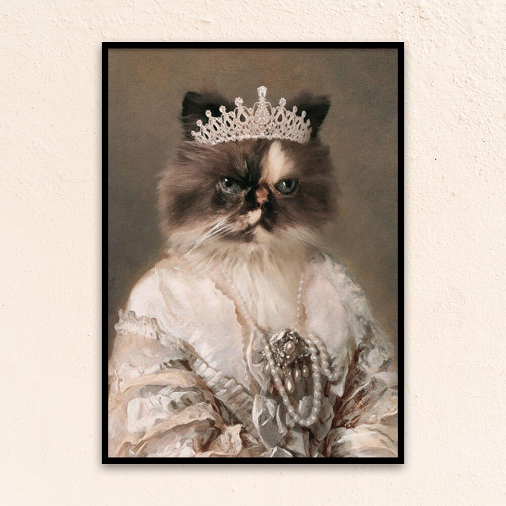 Custom royal pet portrait wall art Persian cat wearing diamond crown and regal dress with pearls