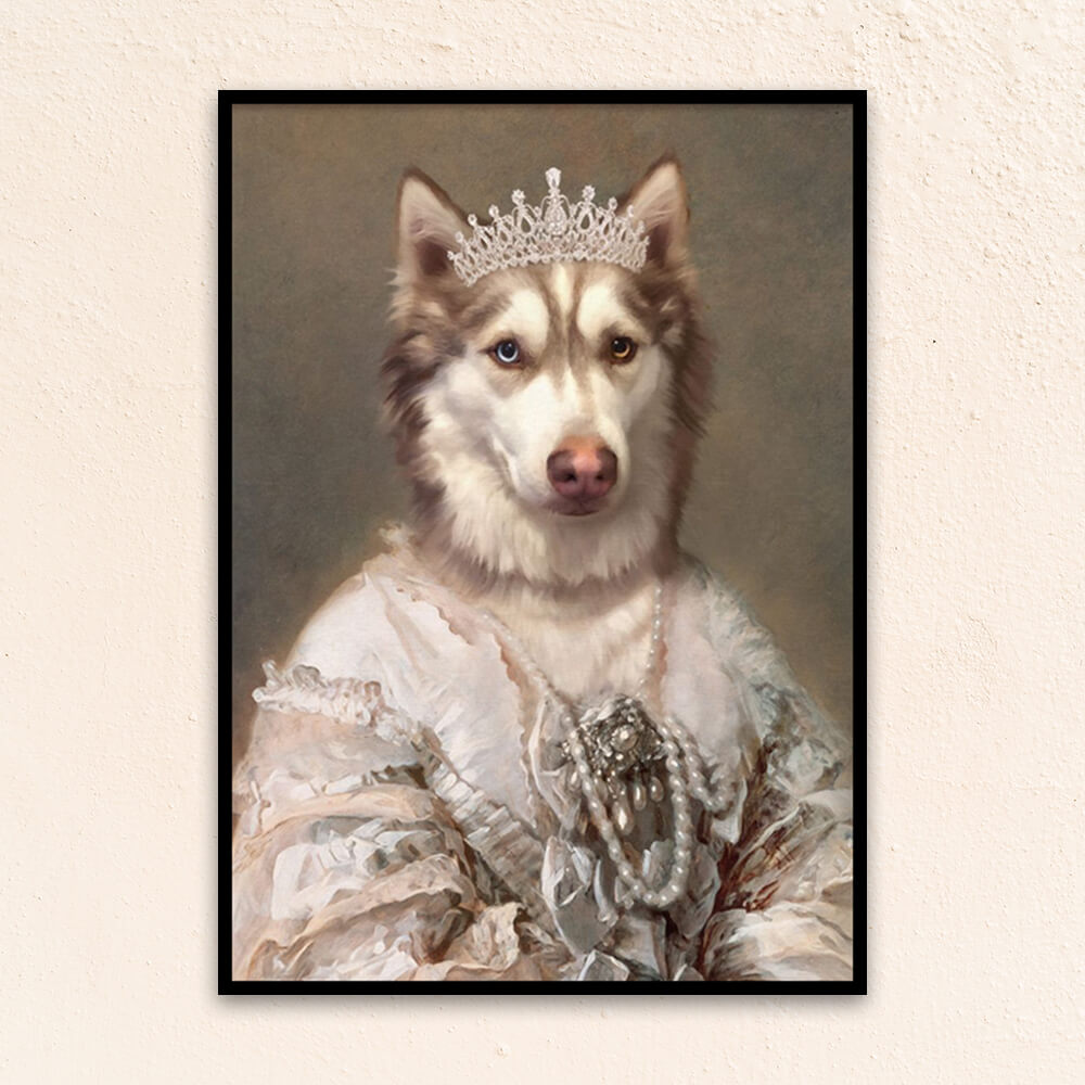 Custom royal pet portrait wall art. Husky dog wearing diamond crown and regal dress with pearls.