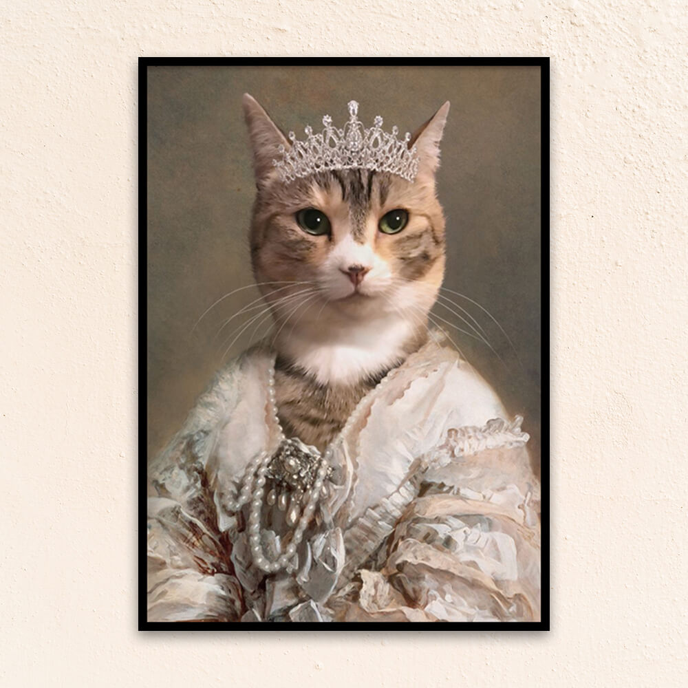 Custom royal pet portrait wall art. Orange Tortoise cat wearing diamond crown and regal dress with pearls.