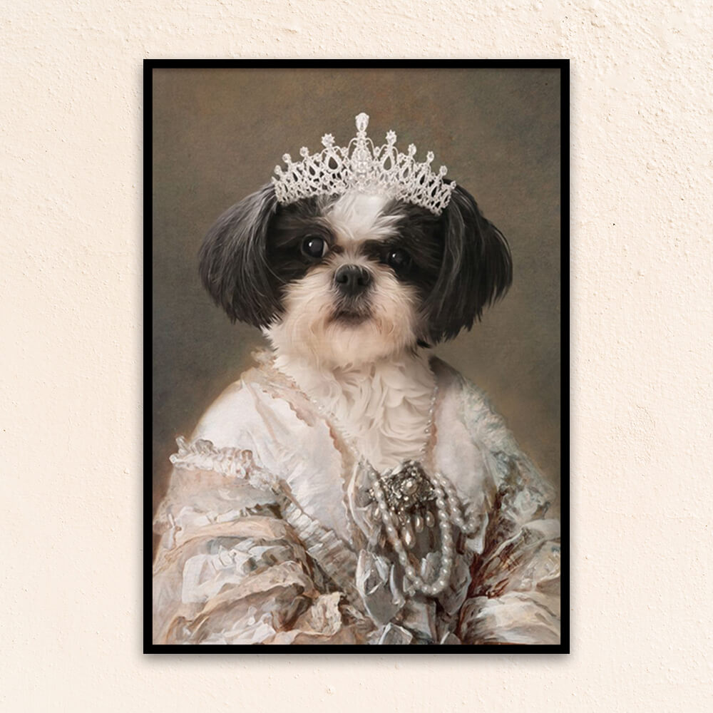 Custom royal pet portrait wall art. Shih Tzu dog wearing diamond crown and regal dress with pearls.