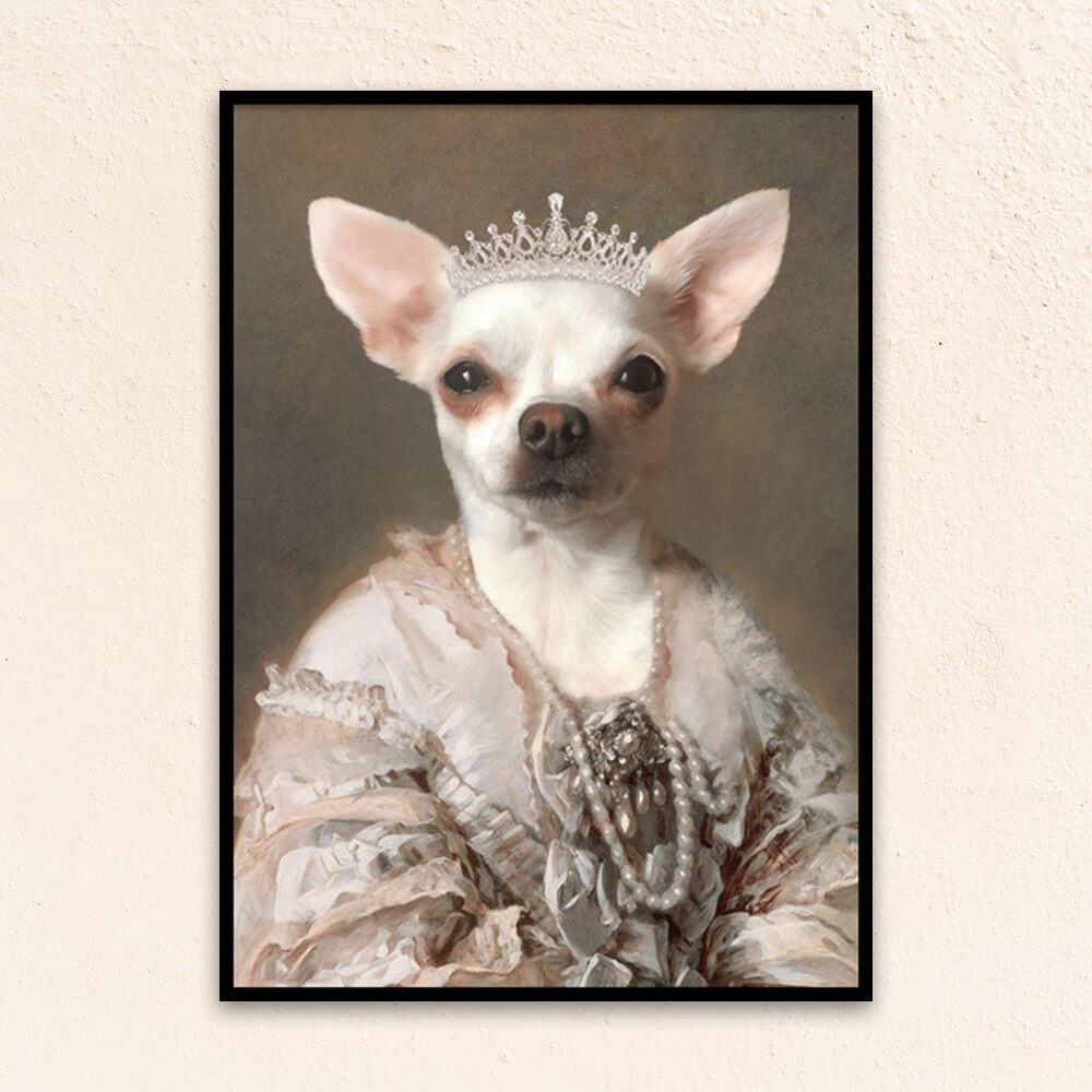 Custom royal pet portrait wall art. Chihuahua dog wearing diamond crown and regal dress with pearls.