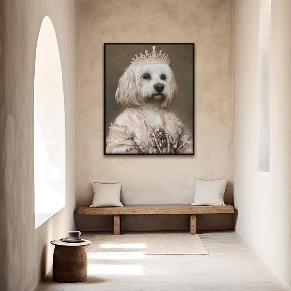 Custom royal pet portrait hallway wall art. Maltese dog wearing diamond crown and regal dress with pearls.