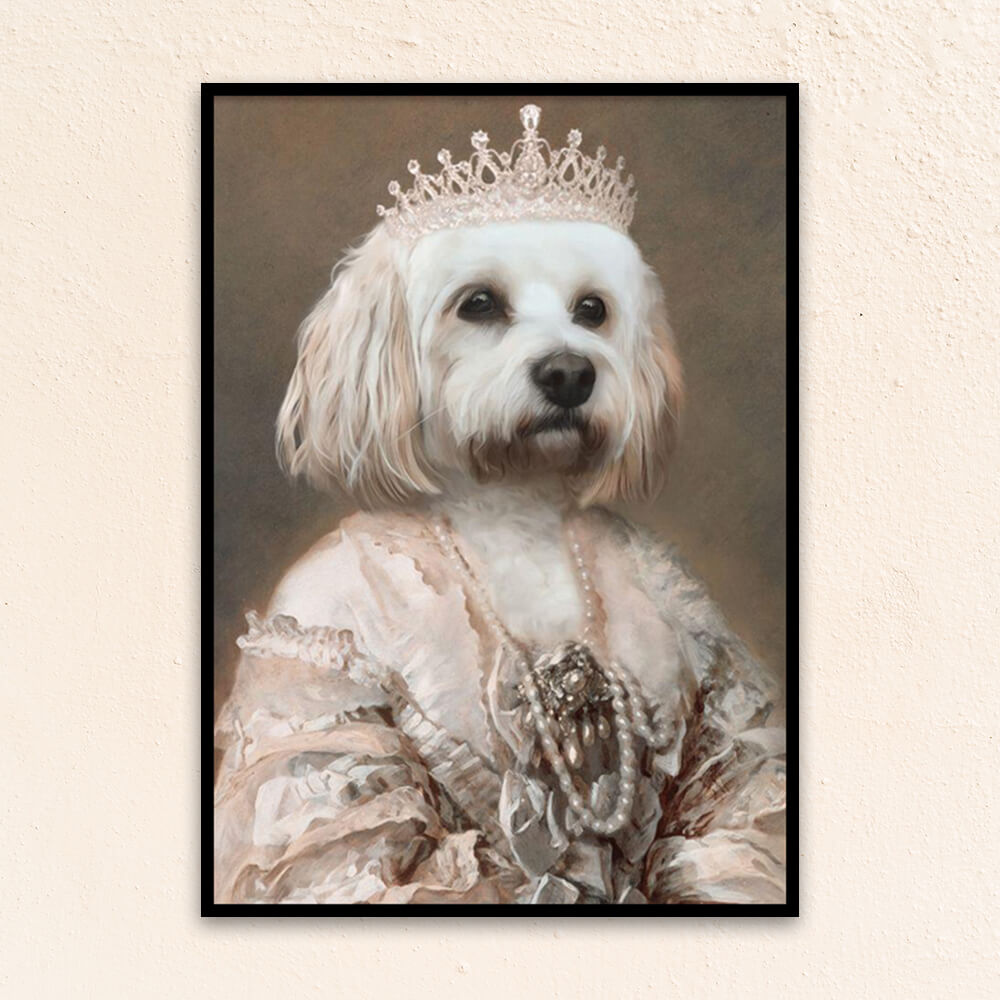 Custom royal pet portrait wall art. Maltese dog wearing diamond crown and regal dress with pearls.