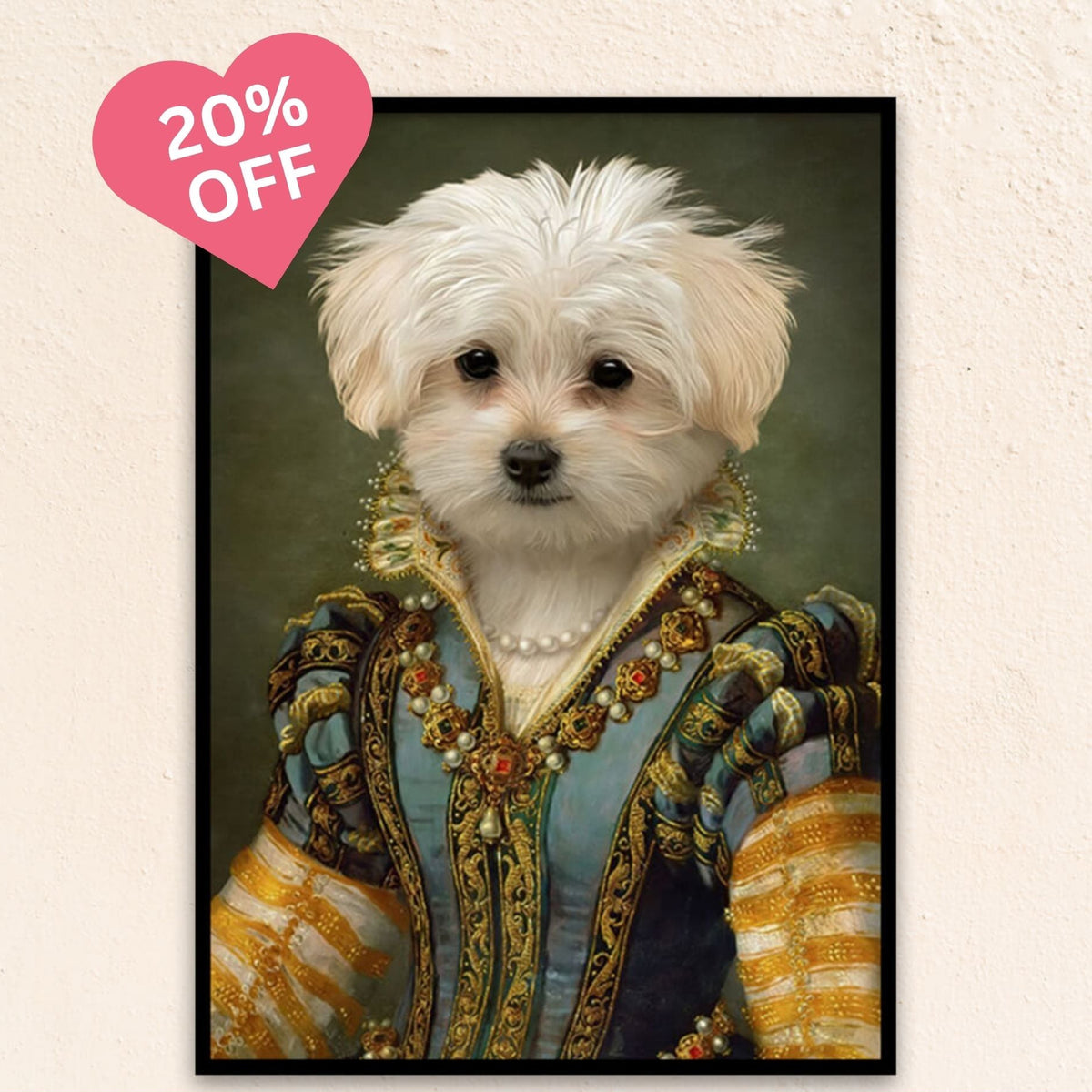 Custom medieval pet portrait of The Renaissance Queen, featuring a graceful canine in a brocade gown with pearl accents and a poised, noble expression.