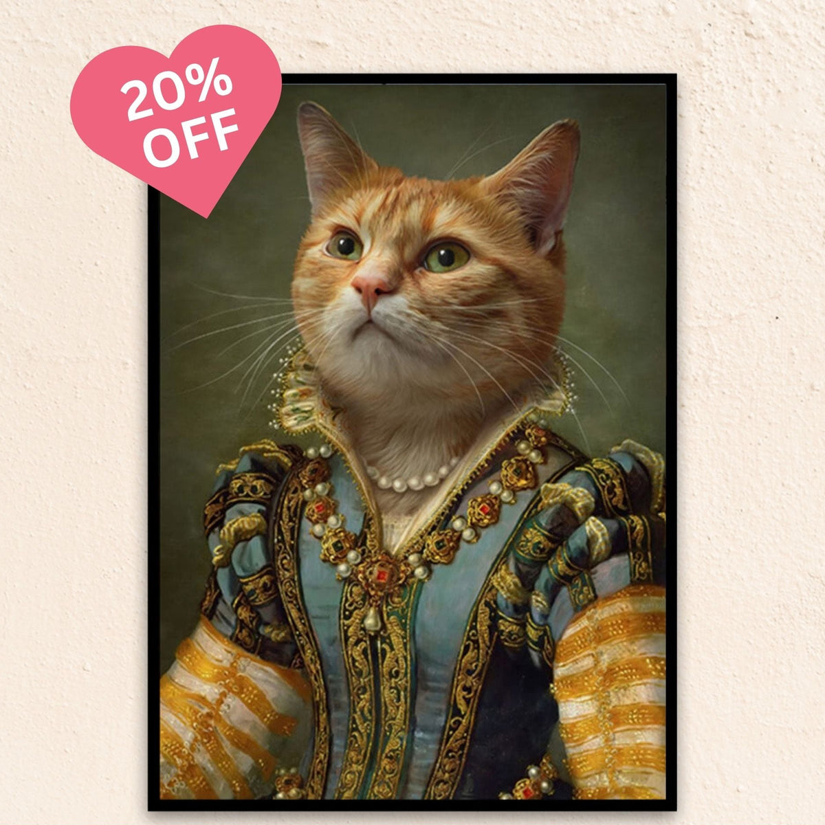 Custom regal cat portrait of The Renaissance Queen, featuring a graceful feline in a brocade gown with pearl accents and a poised, noble expression.