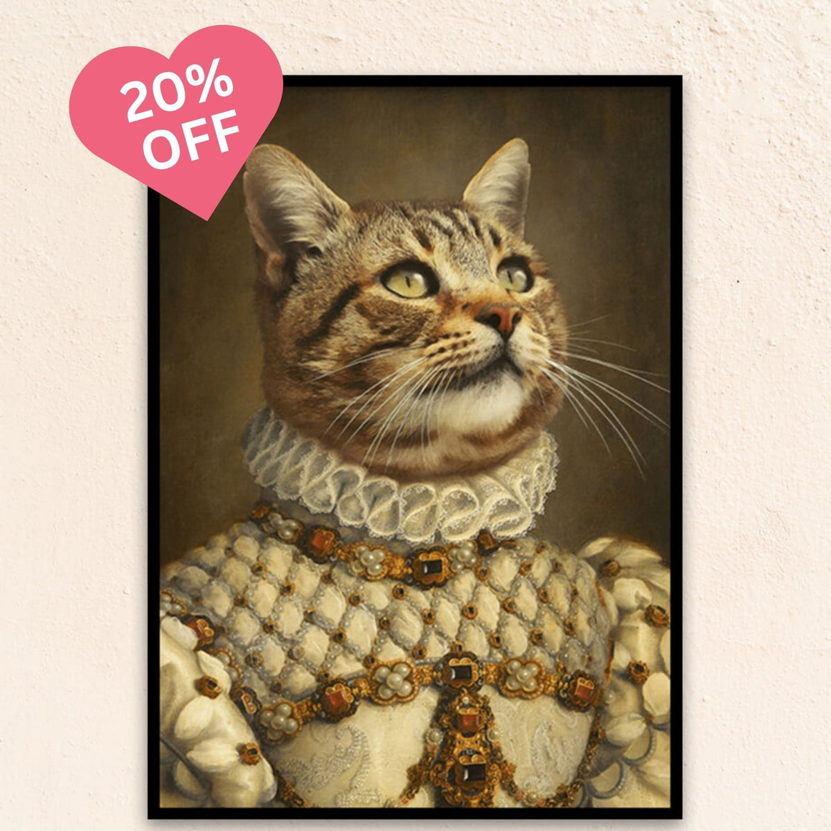Custom renaissance cat portrait of The Royal Princess, featuring a graceful feline in a gem-encrusted white gown with a 17th-century ruff neckline, radiating regal charm.