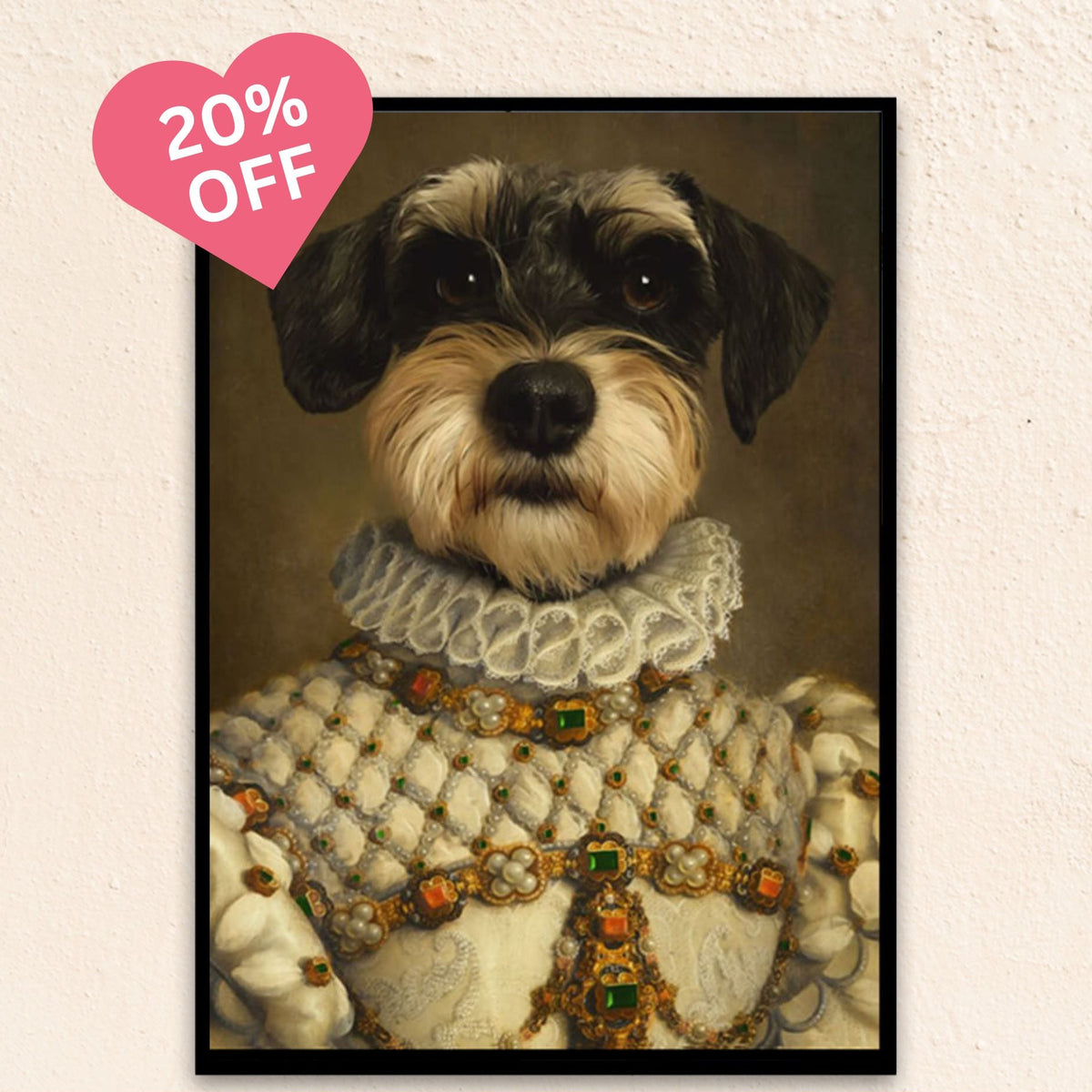 Custom renaissance dog portrait of The Royal Princess, featuring a graceful canine in a gem-encrusted white gown with a 17th-century ruff neckline, radiating regal charm.