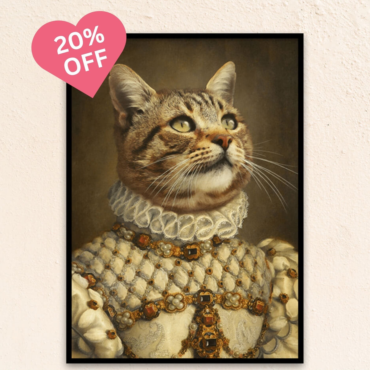 Custom renaissance pet portrait of The Royal Princess, featuring a graceful feline in a gem-encrusted white gown with a 17th-century ruff neckline, radiating regal charm.