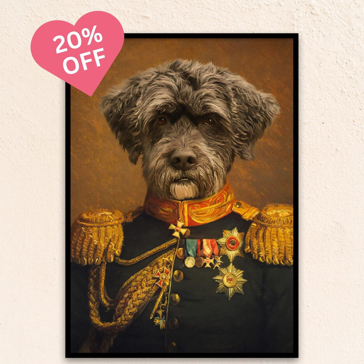 Custom regal dog portrait of a dog representing The Statesman, featuring a stately military outfit and composed expression, symbolizing wisdom and authority.