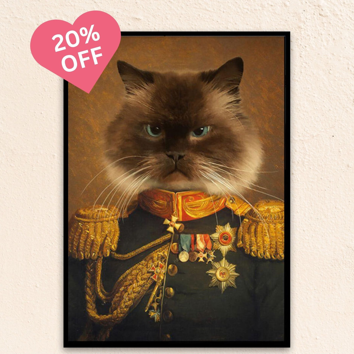 Custom renaissance cat portrait of a cat representing The Statesman, featuring a stately military outfit and composed expression, symbolizing wisdom and authority.