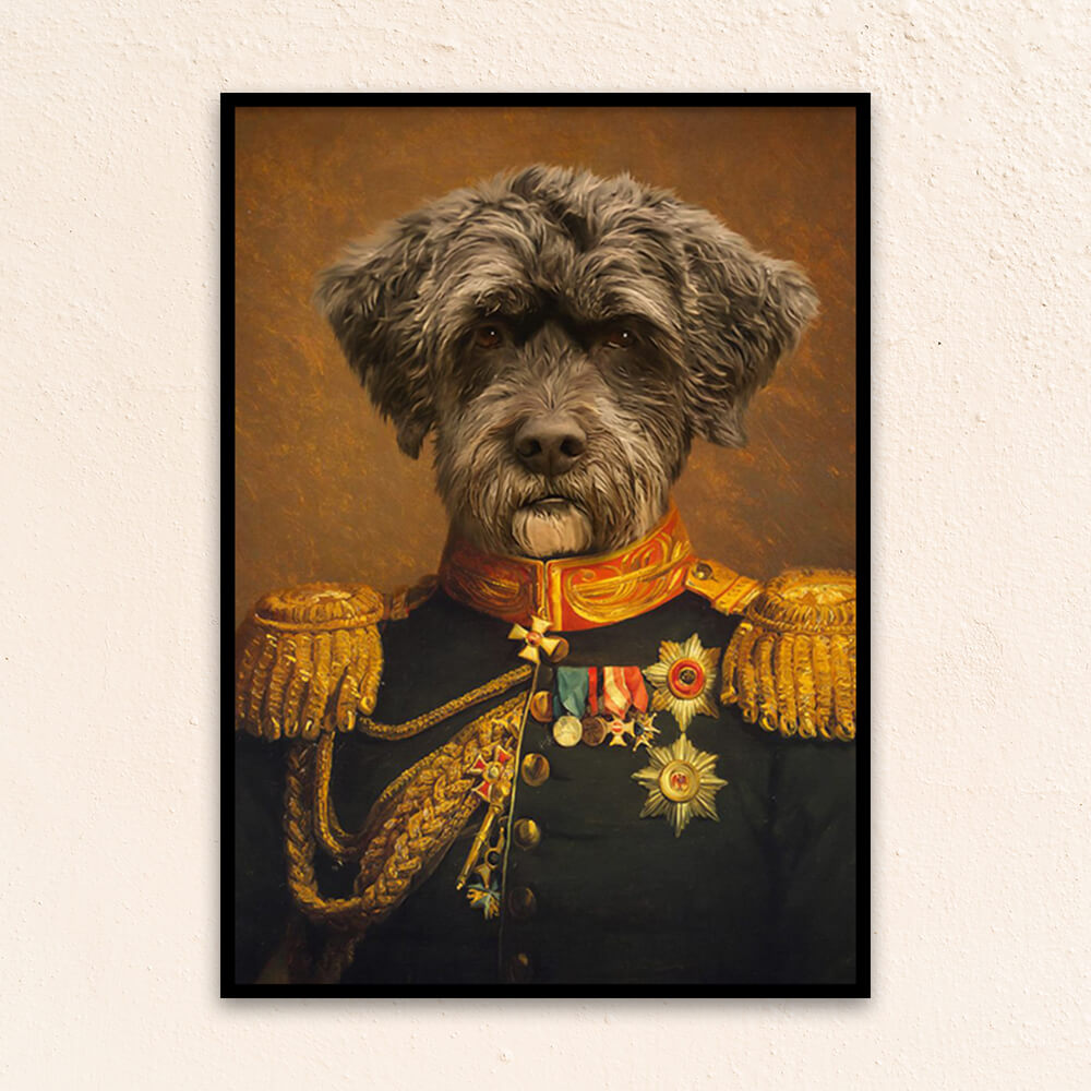 Close-up of The Statesman custom renaissance dog portrait, highlighting the ornate uniform details, medals, and the dog’s composed, noble expression.