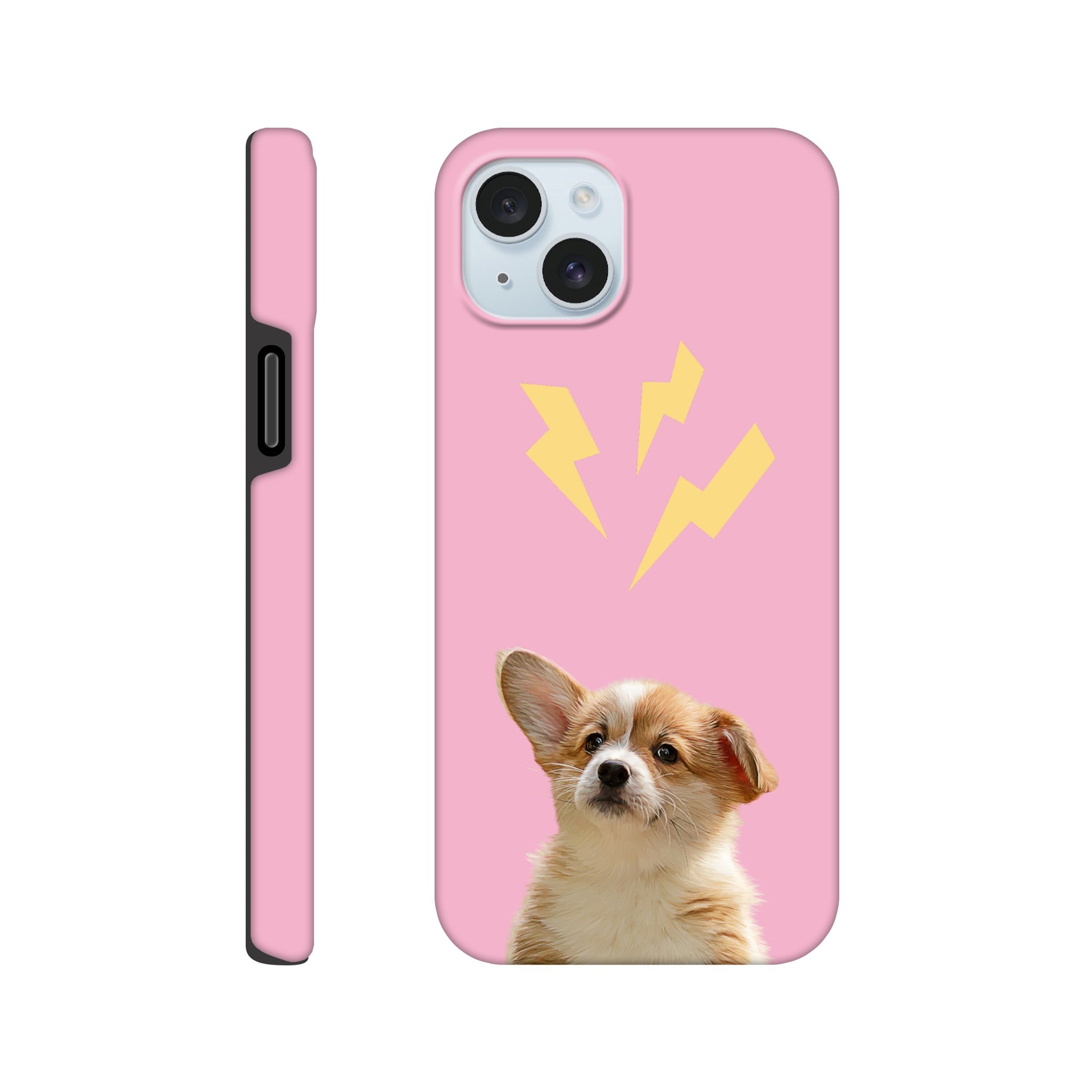 Custom pet portrait tough pink phone case. Corgi with lightening bolts above pet. 