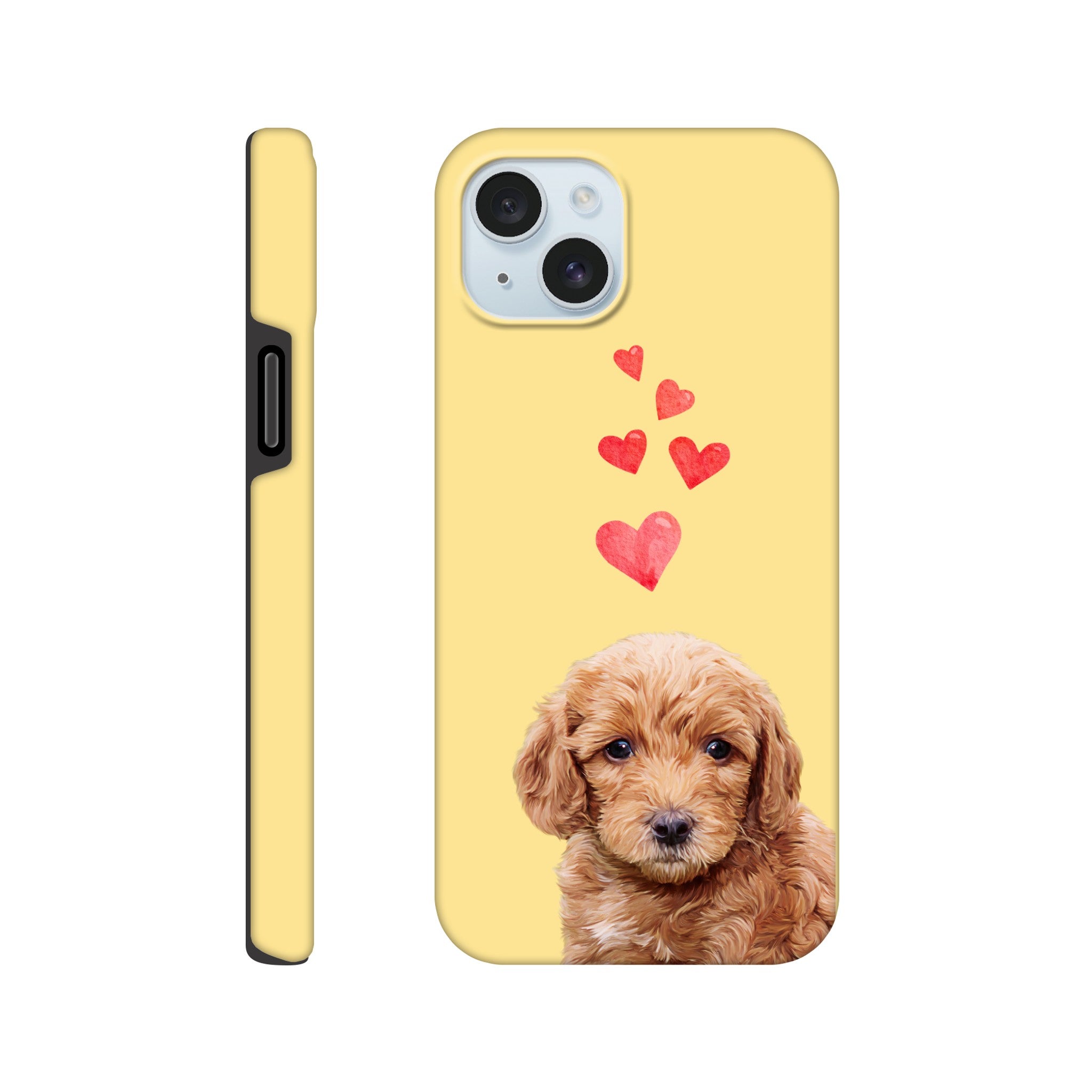 Custom pet portrait tough yellow phone case. Labradoodle puppy with hearts above pet. 