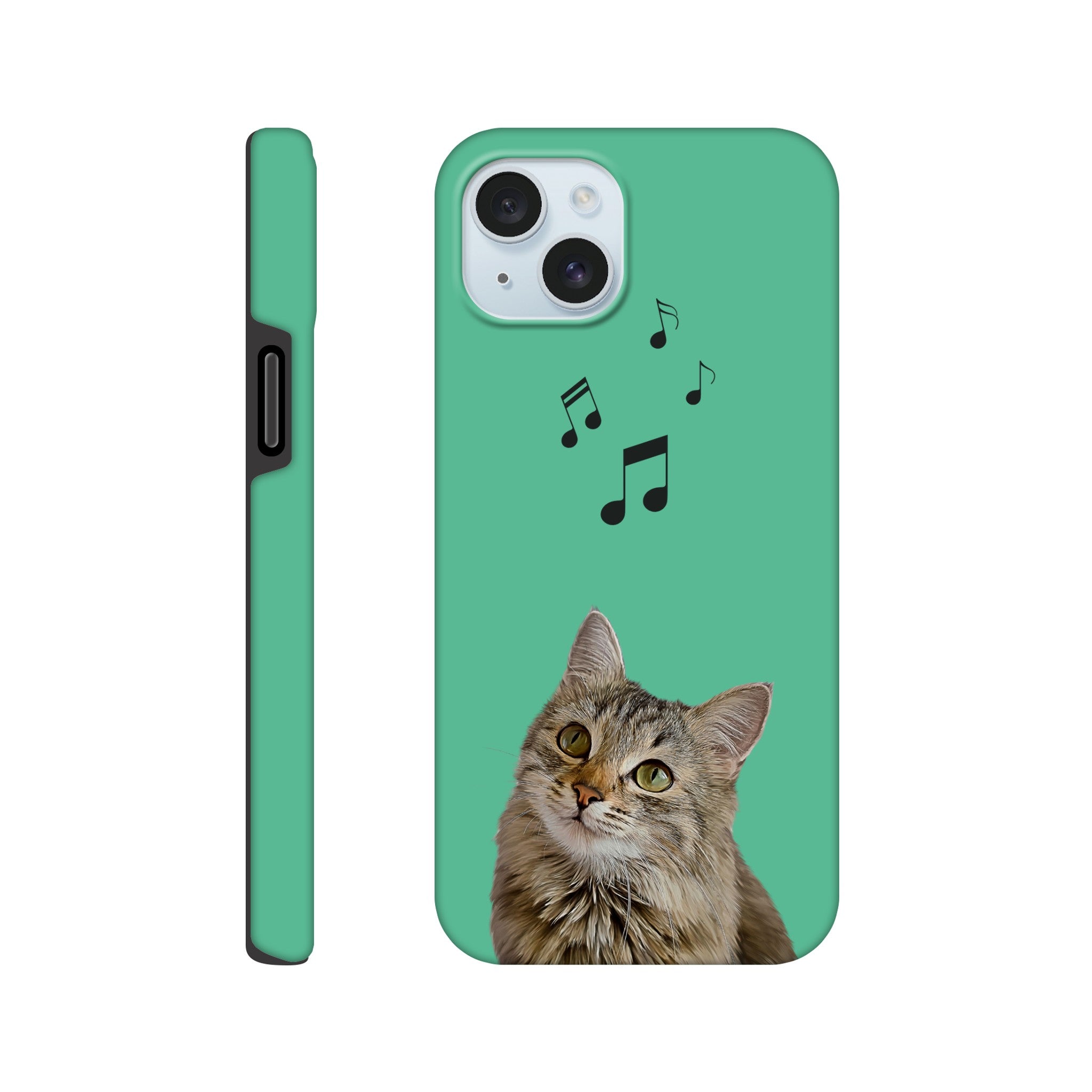 Custom pet portrait tough green phone case. Cat with musical notes above pet. 