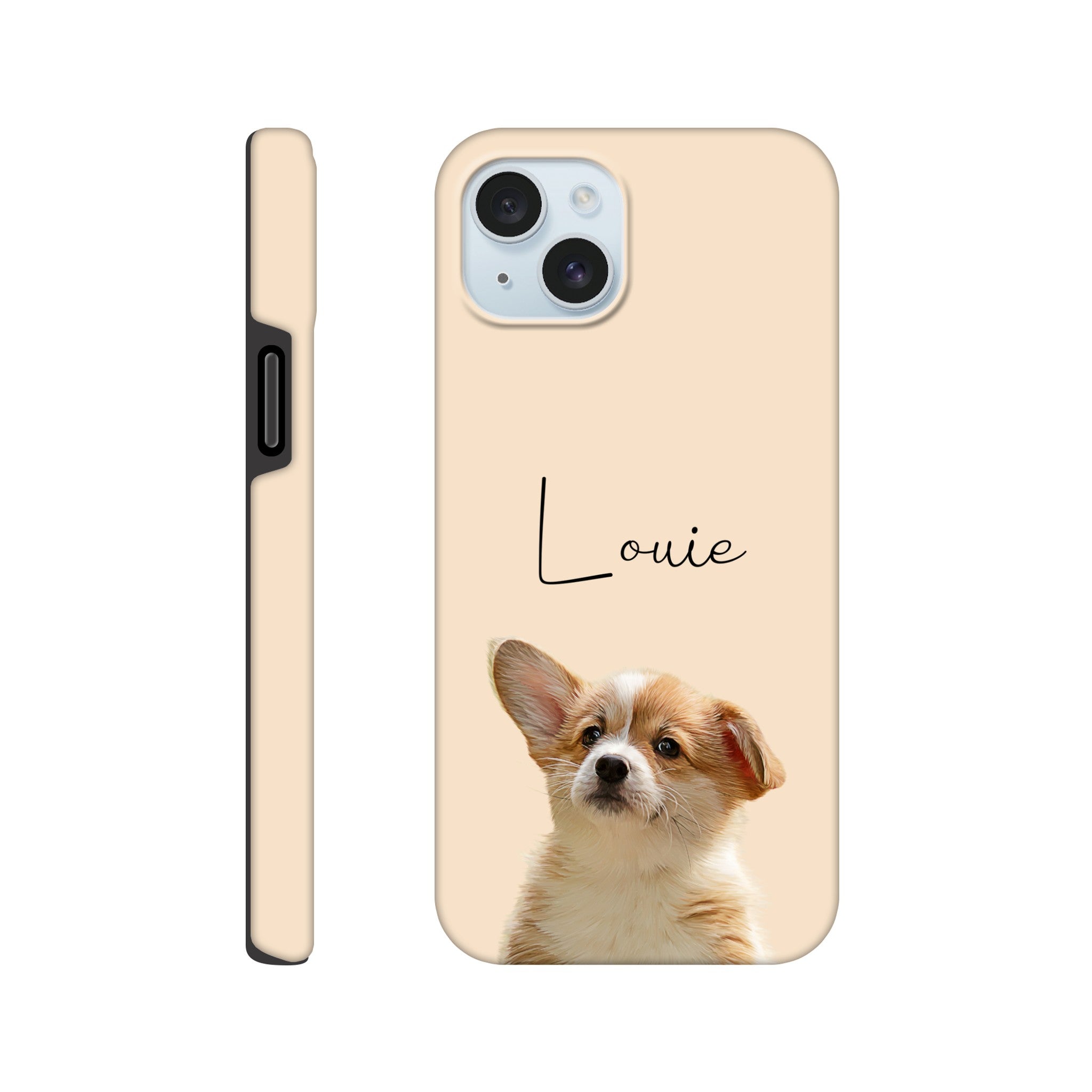 Custom pet portrait tough beige phone case. Corgi puppy with personalized pet name above pet. 