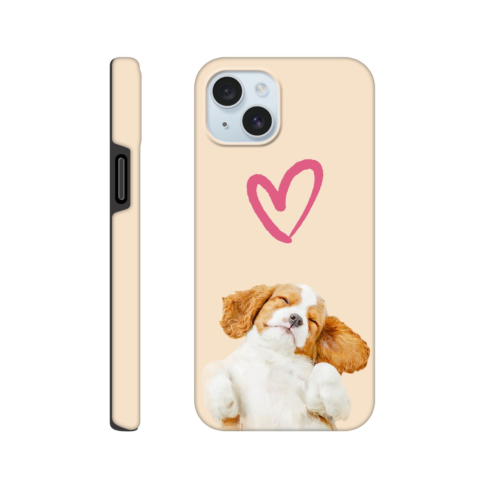 Custom pet portrait tough beige phone case. Corgi puppy with heart outline above pet. 