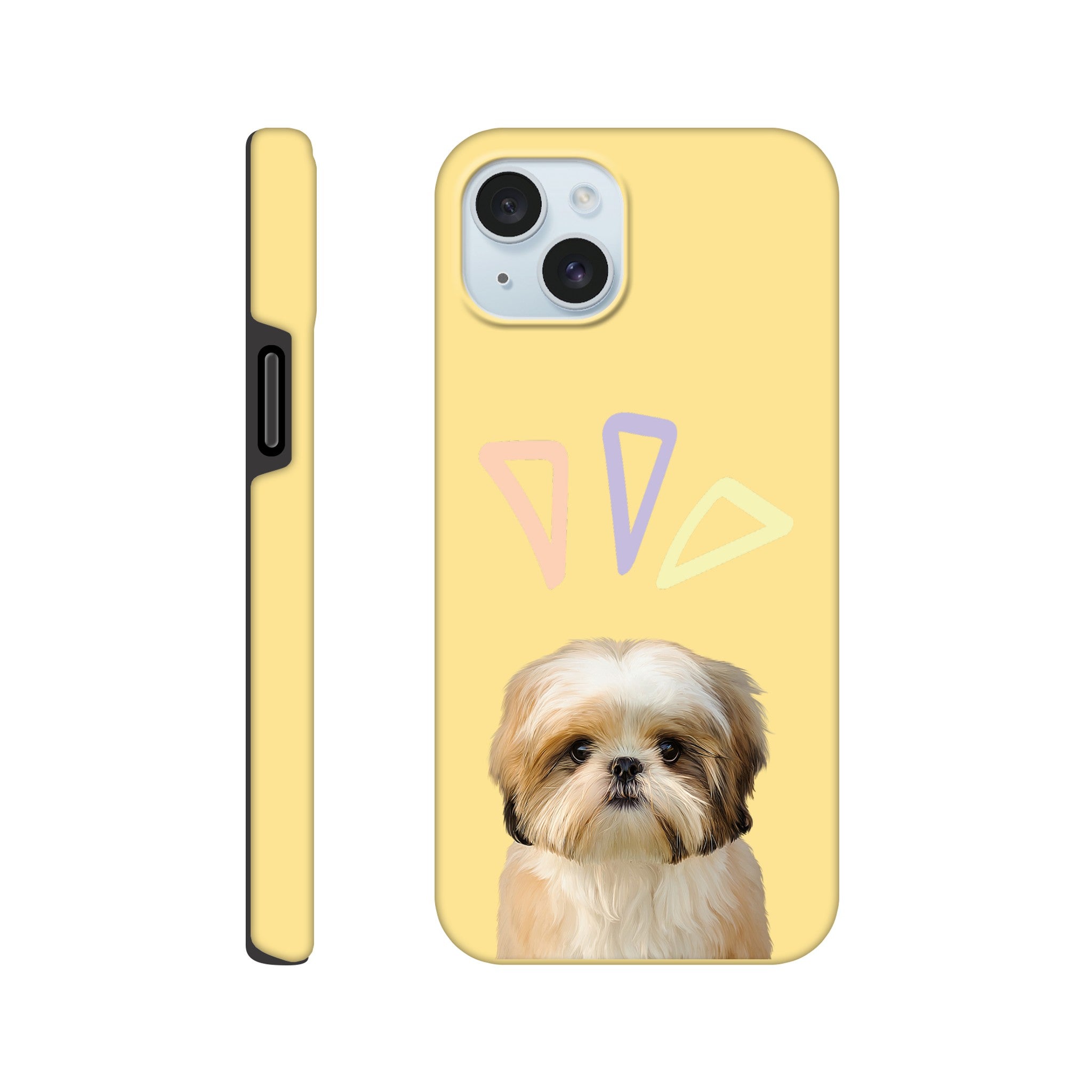 Custom pet portrait tough yellow phone case. Shih Tzu dog with pastel triangles above pet.