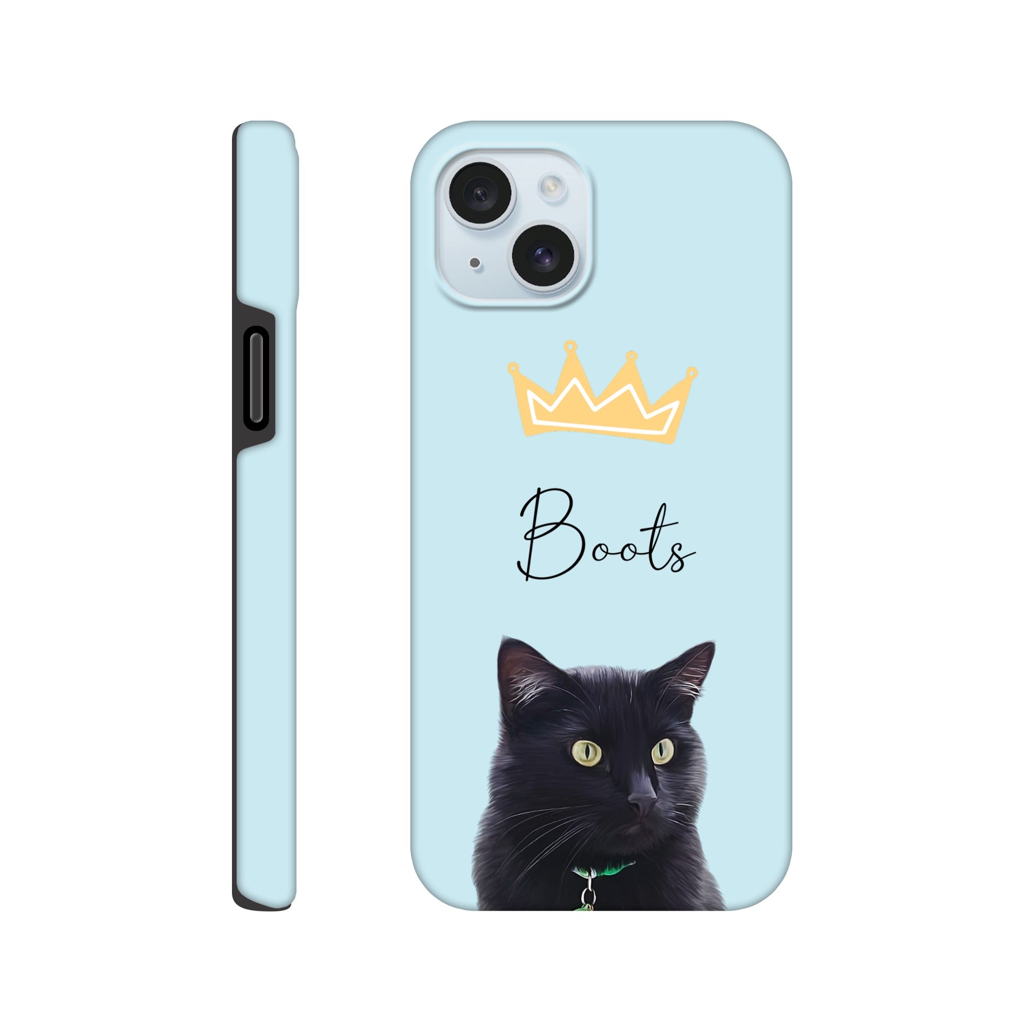 Custom pet portrait tough light blue phone case. Black cat with pet name and crown above pet. 