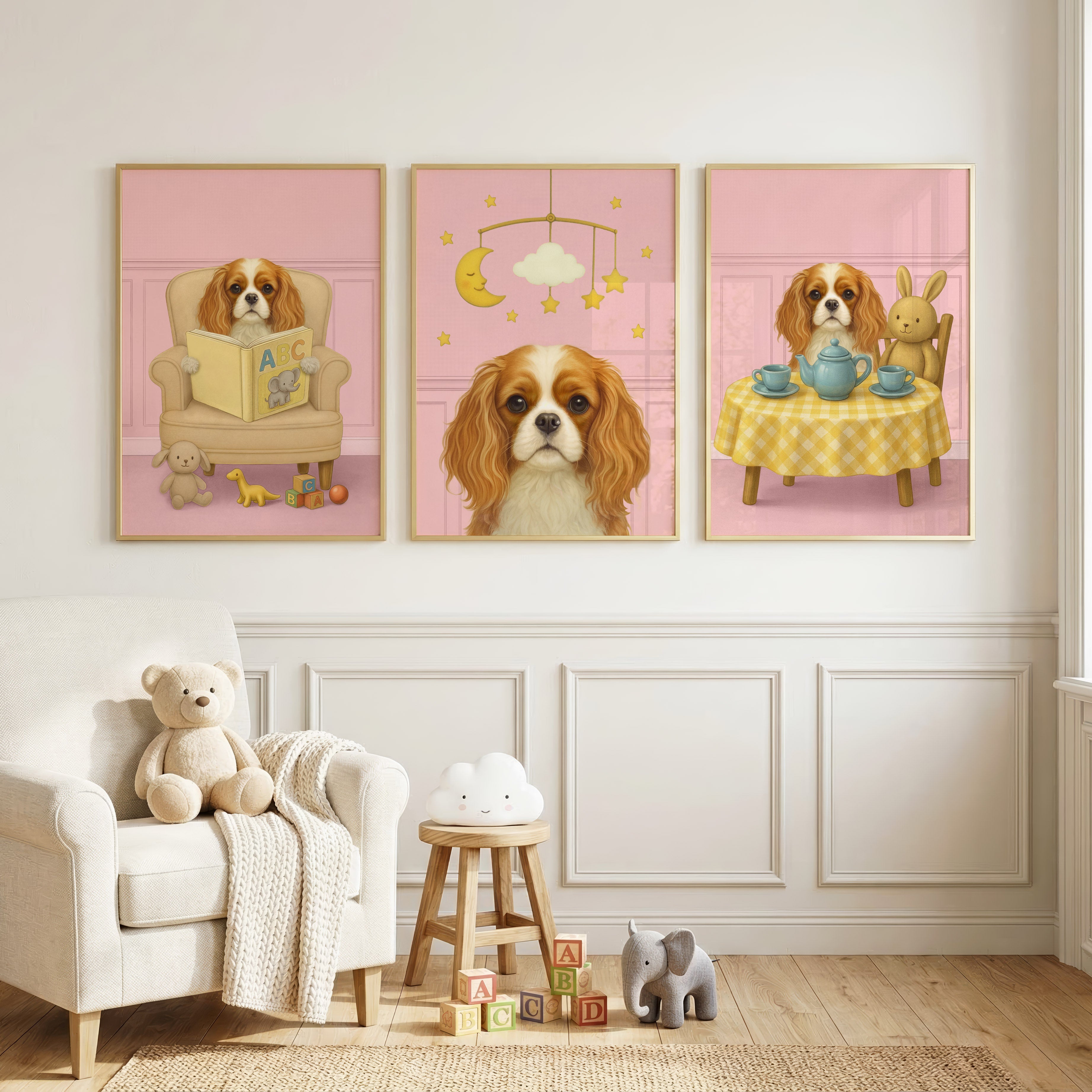 Three-piece set of custom nursery pet portrait displayed in baby pink backdrop, showcasing its calm presence and playful wall art appeal.