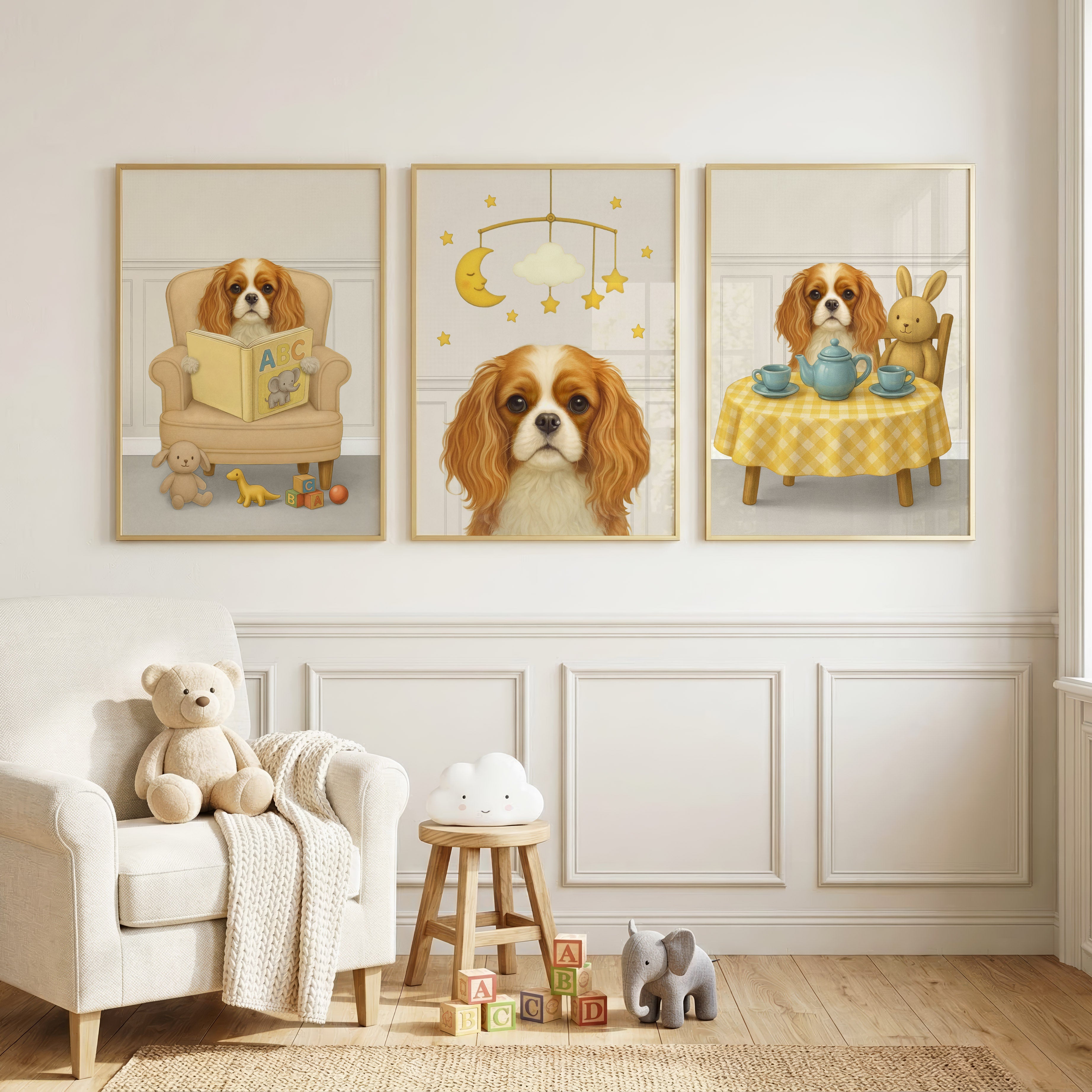 Three-piece set of custom nursery pet portrait displayed in dove gray backdrop, showcasing its calm presence and playful wall art appeal.