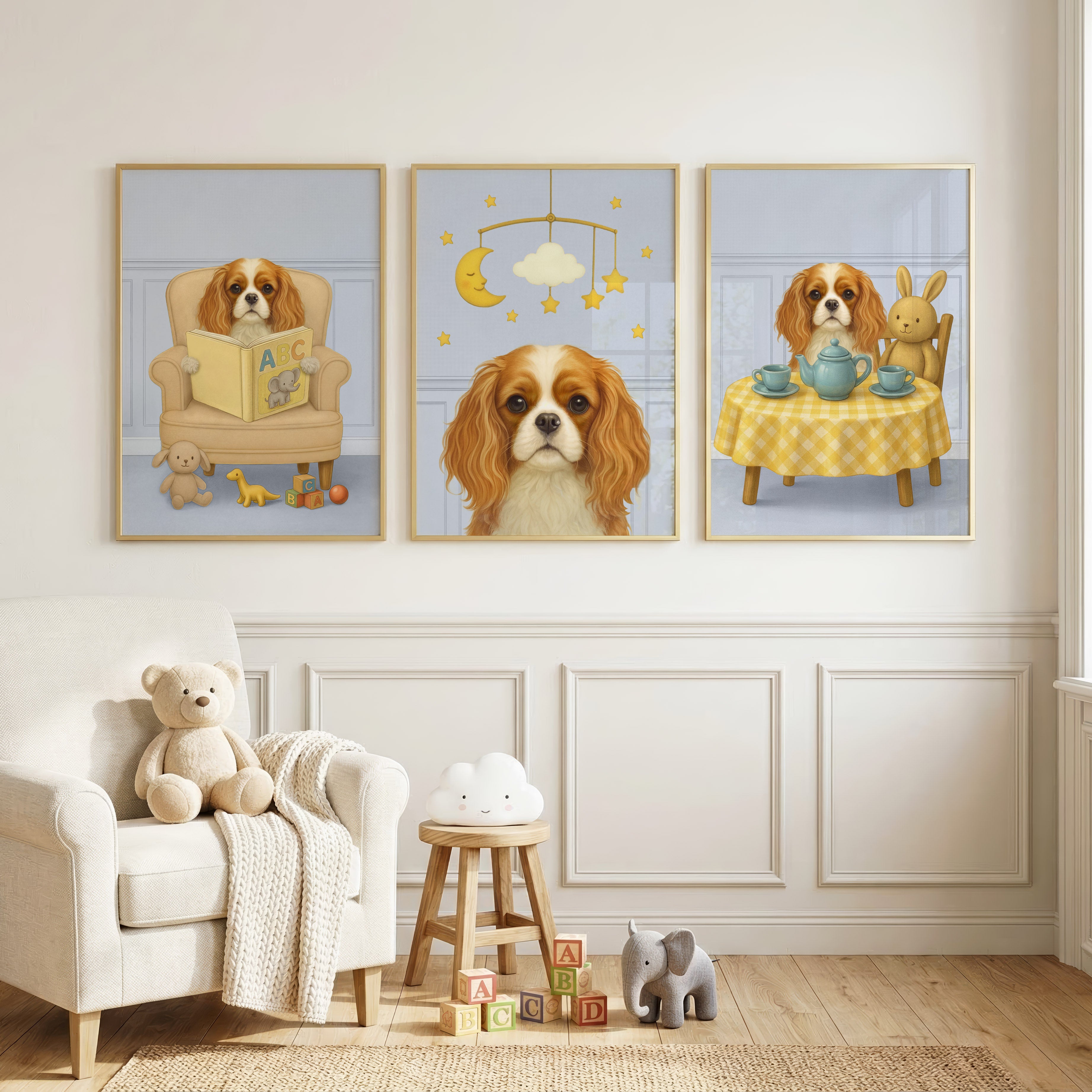 Three-piece set of custom nursery pet portrait displayed in dusty blue backdrop, showcasing its calm presence and playful wall art appeal.