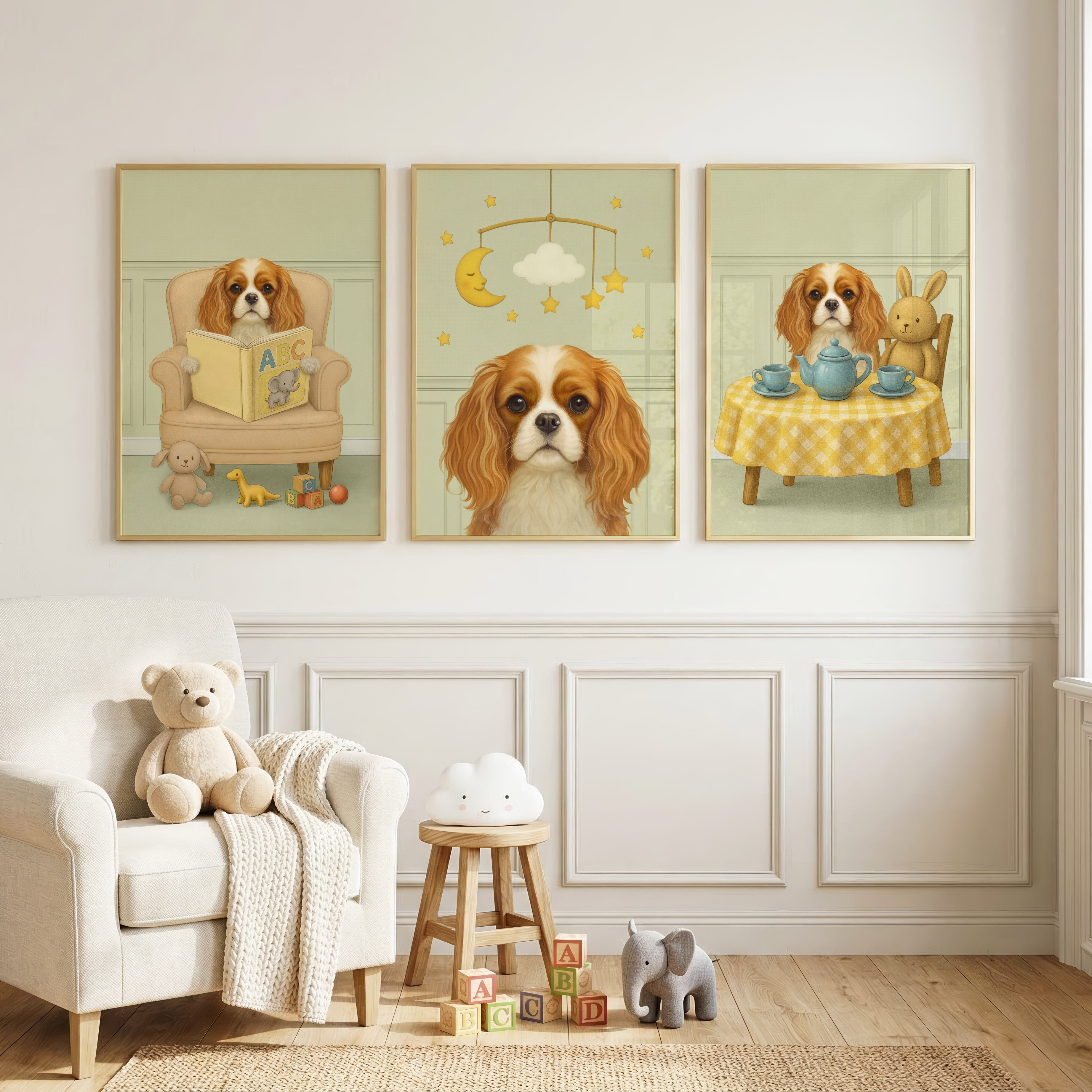 Three-piece set of custom nursery pet portrait displayed in sage green backdrop, showcasing its calm presence and playful wall art appeal.