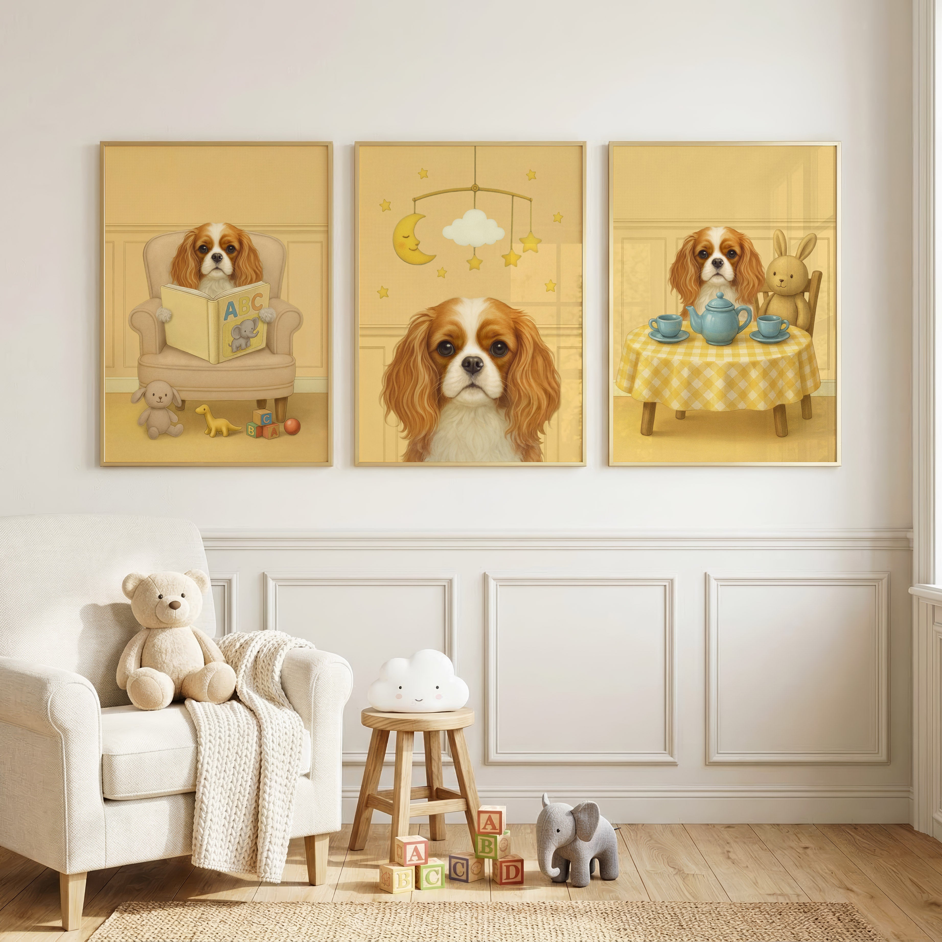 Three-piece set of custom nursery pet portrait displayed in soft yellow backdrop, showcasing its calm presence and playful wall art appeal.