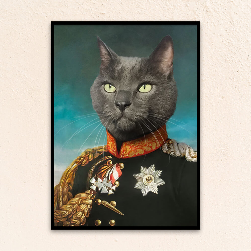 Custom military pet portrait wall art. Cat wearing military costume with medals.