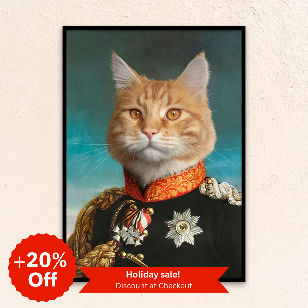 Custom military pet portrait wall art.  Orange tabby cat wearing military costume with medals.