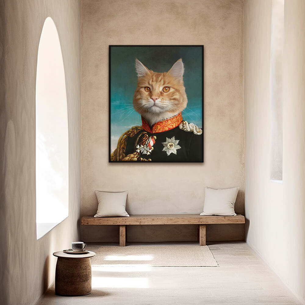 Custom military pet portrait hallway wall art. Orange tabby cat wearing military costume with medals.