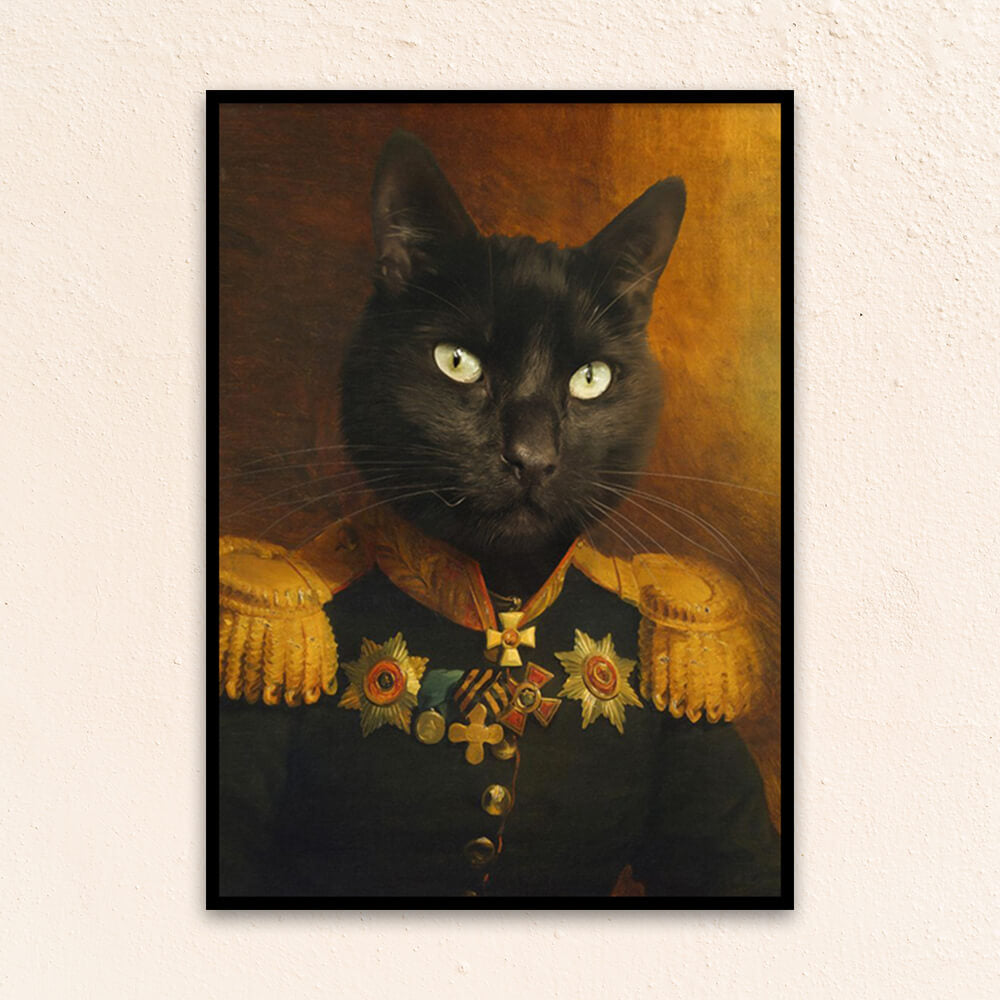 Custom Military pet portrait wall art.  Black cat in military costume with medals.