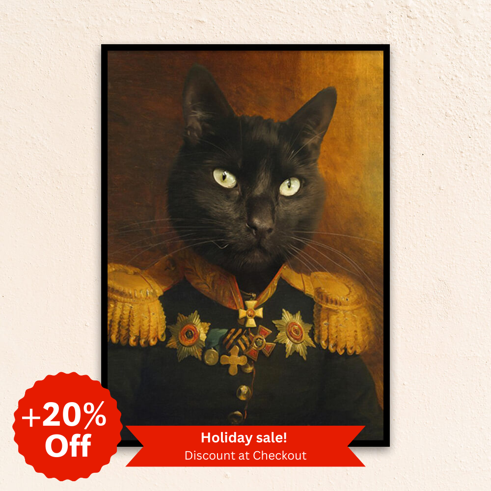 Custom Military pet portrait wall art.  Black cat in military costume with medals.