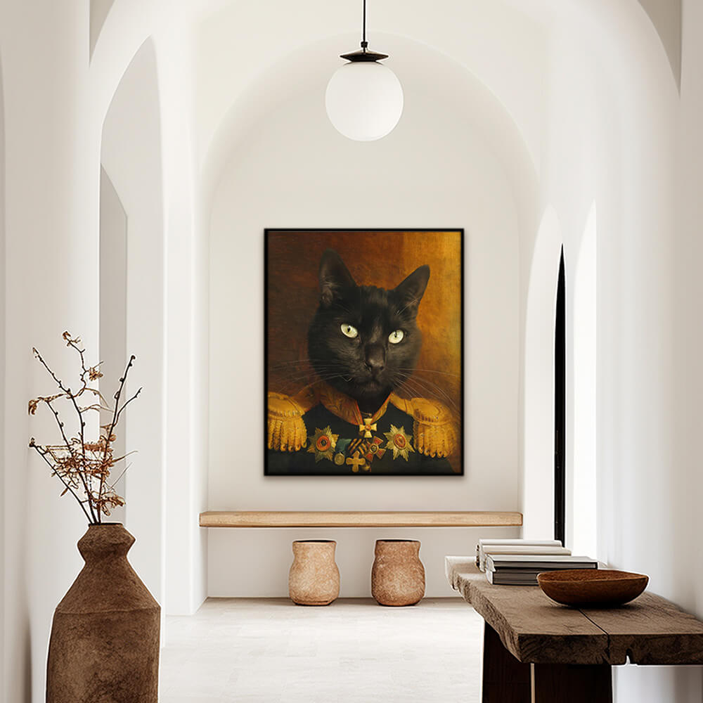 Custom Military pet portrait hallway wall art. Black cat in military costume with medals.