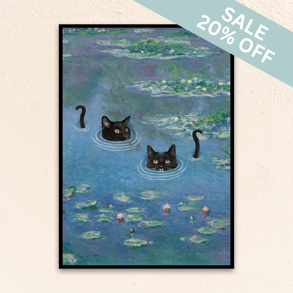 Custom fine art pet portrait wall art. Two black cats in Monet water lily artwork.