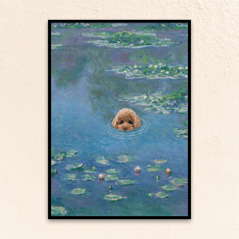 Custom fine art pet portrait wall art. Light brown toy poodle in Monet water lily artwork.